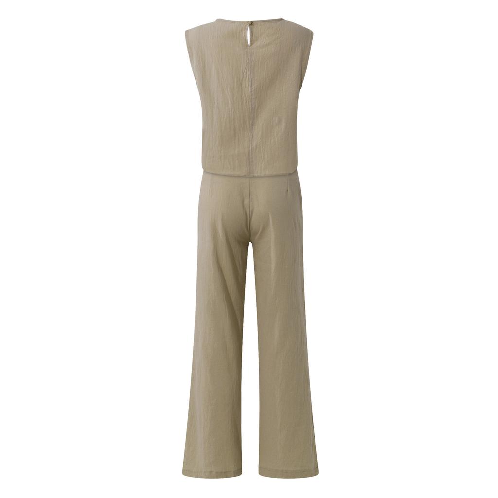 Fashion Women's Casual Sleeveless Pullover Cotton Linen Wide Leg Pants Solid Color Suit