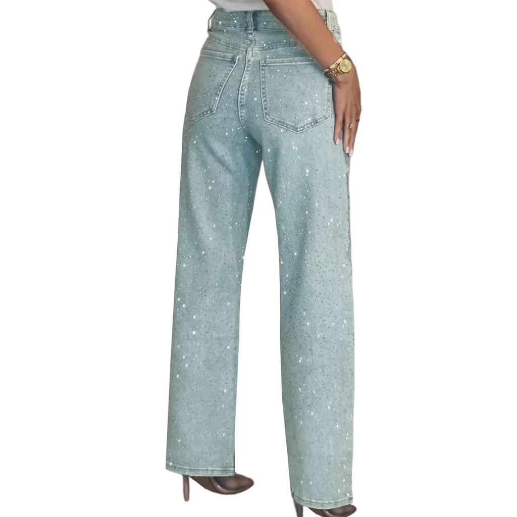 Women's Full Diamond Jeans Casual Vintage Baggy Straight Wide Leg Denim Pants