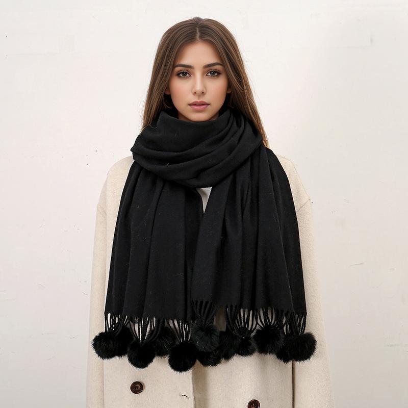 Women Warm Scarf With Rabbit Fur Ball Pashmina Thick Scarves Shawls Winter Cashmere Pompom Scarf Ladies Oversize Blanket Wrap