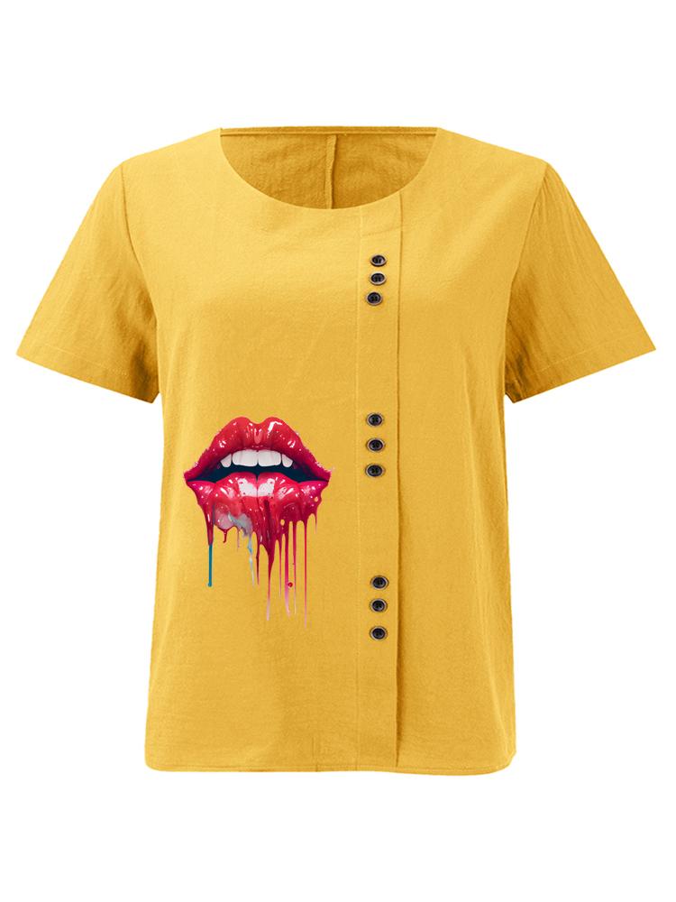 Women's Fashion Red Lips Print Round Neck Short Sleeve T-shirt Casual Cotton Linen Graphic Shirt Leisure Loose Summer Blouse Tops