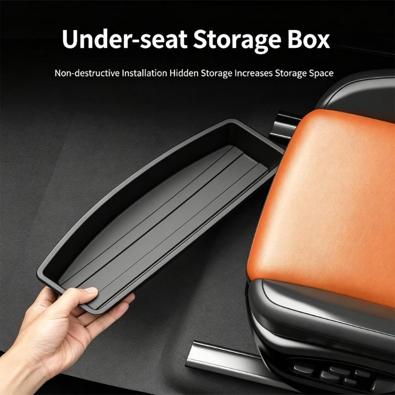 Under Seat Car Tray, Black ABS Storage Box with Slide-In Placement for Front Seat Small Item Control and Routine Cabin Use in Cars