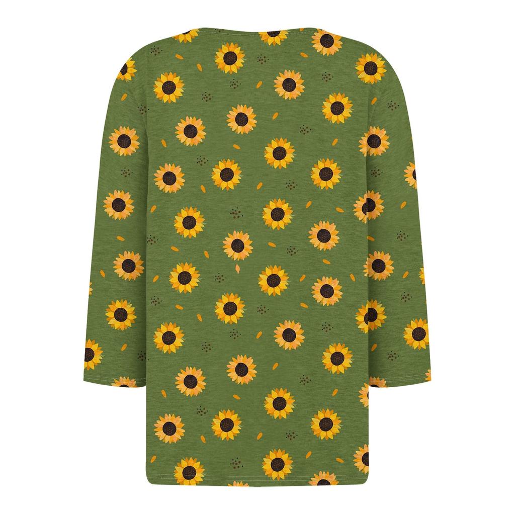 Жен. Футболка Футболка С принтом Пуговицы Рукав 3/4 Повседневные Выходные Мода Классический Классический V-образный вырез Обычный Верх