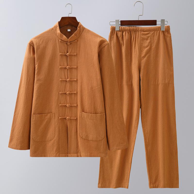 Men's Chinese Style Long-Sleeve Tang Suit Set with Frog Buttons - Retro Tea & Tai Chi Two-Piece