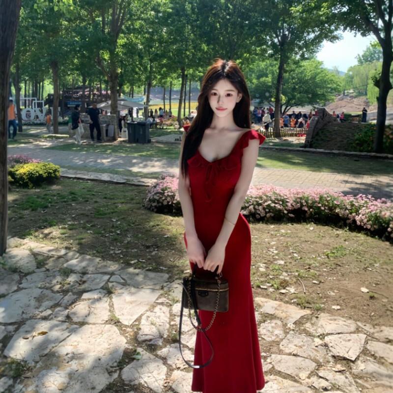 Red V-Neck Sleeveless Wrap Hem Fit-and-Flare Maxi Dress Women 2026 Elegant Lady Style