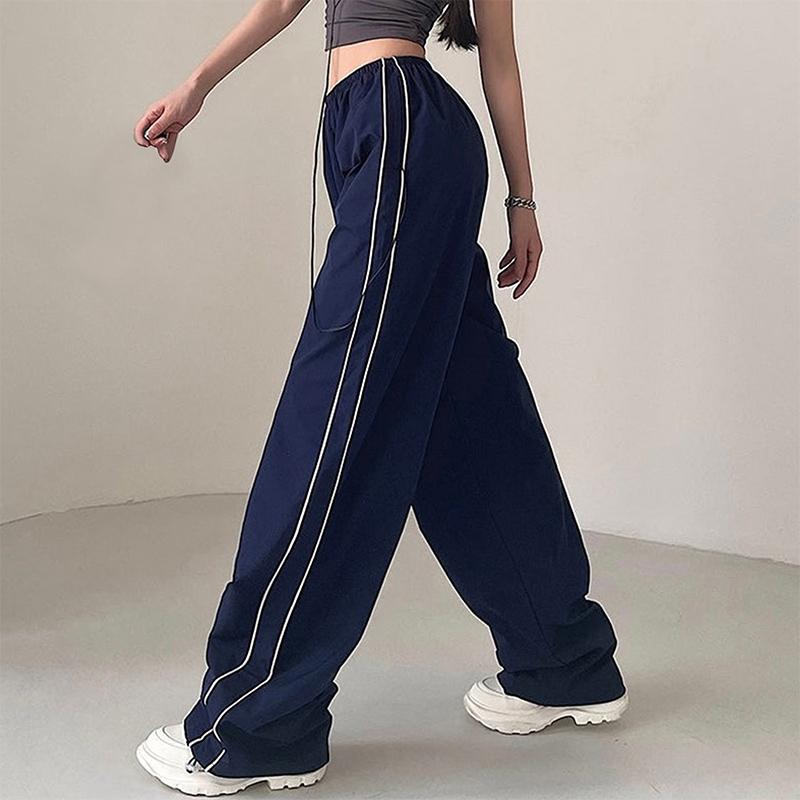 Женские прямые брюки с полосками по бокам, спортивные штаны с низкой посадкой, мешковатые широкие брюки в стиле Харадзюку, повседневные универсальные брюки-парашюты
