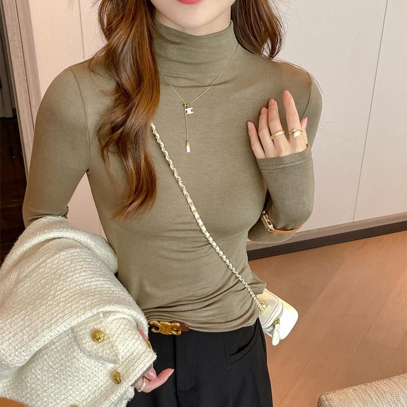 Женский облегающий топ с полувысоким воротником средней высоты и длинными рукавами, базовый слой, обтягивающая однотонная футболка для весны, осени и зимы