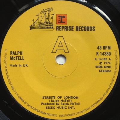 7-дюймовая пластинка RALPH MCTELL Streets Of London K14380 Reprise Records 1974 UK Рок Б/у