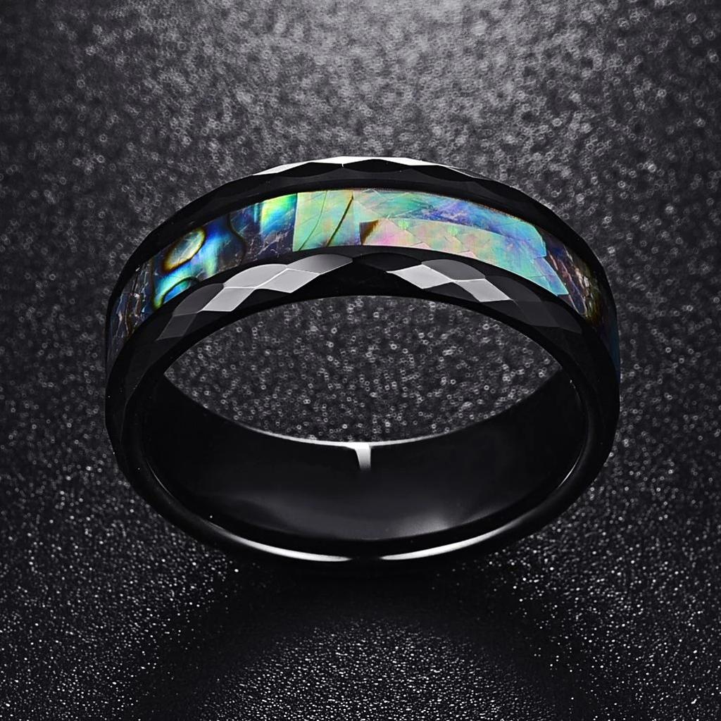 Кольца из кованой нержавеющей стали 8 мм для мужчин с инкрустацией из древесины коа и раковин морского ушка. Мужские обручальные и свадебные украшения.