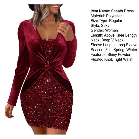 Lady Dress Low-cut Deep V Neck Tight Plus Size High Waist Knot Pleated Sexy Shiny Powder Long Sleeve Sheath