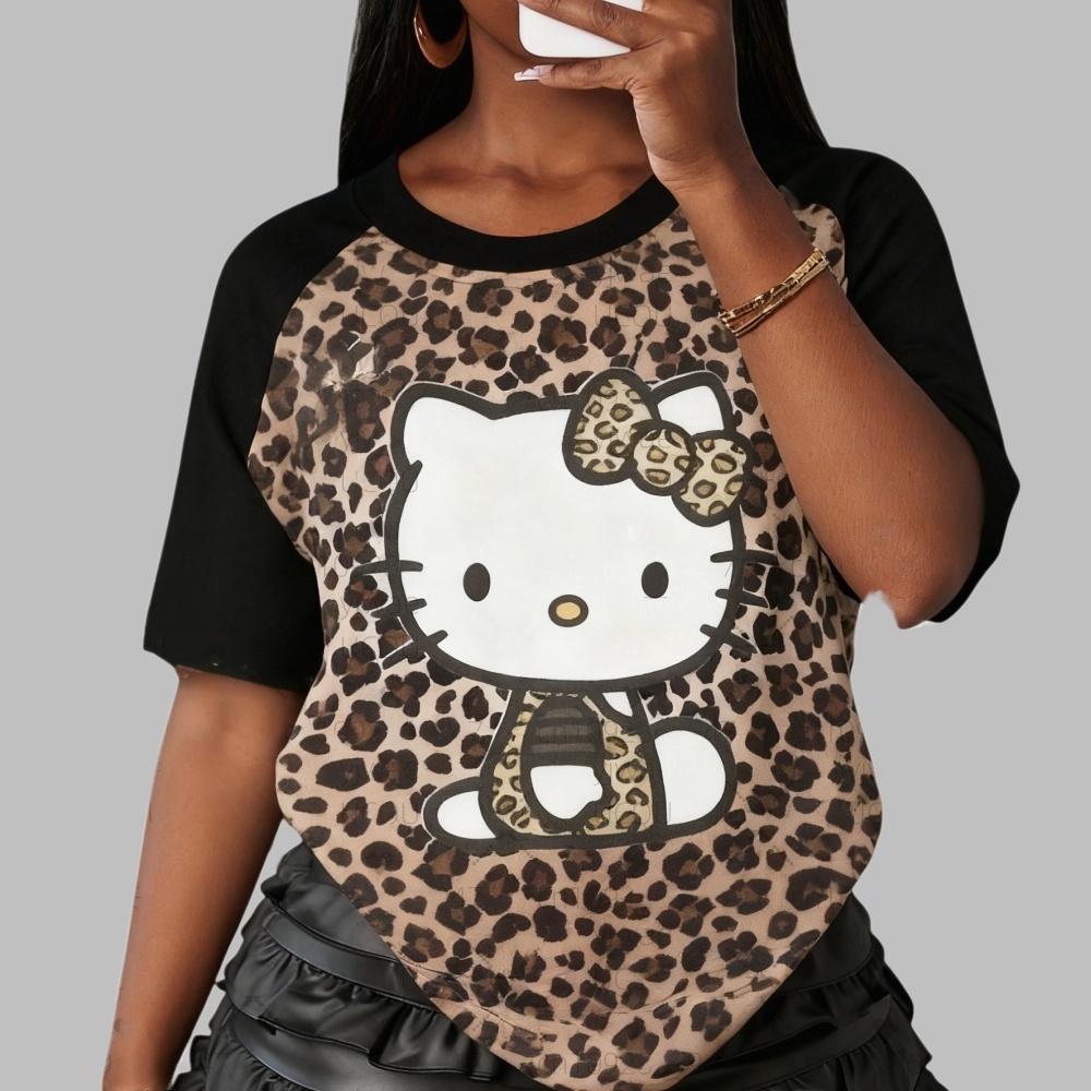 Leopard Print Hello Kitty Sweet and Cool American Street Style Summer T-Shirt Loose Top