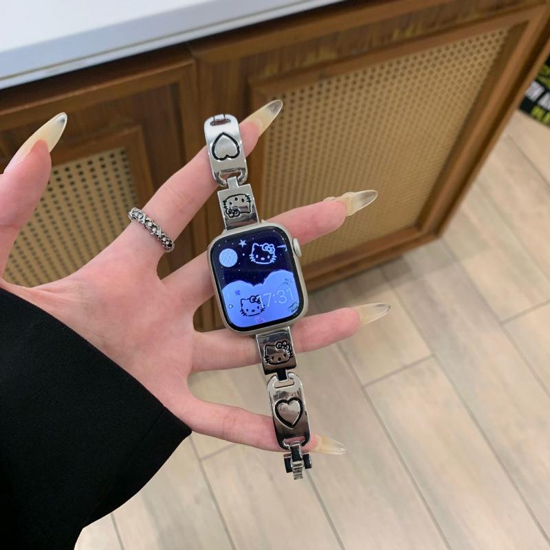 Тонкий металлический ремешок с граффити Hello Kitty 'Love' для Apple Watch 8 - Женский iWatch976