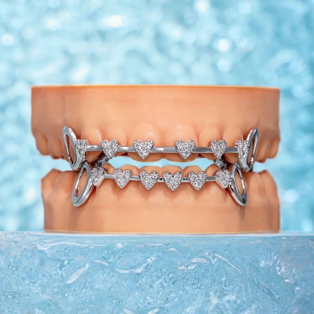 rhinestone Charm Teeth Grillz Double Glossy Love Drill Braces Men Women Jewelry Tooth Socket