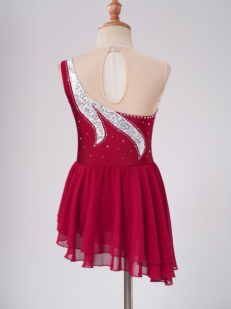 Детская танцевальная одежда с блестками и стразами для девочек, платье без рукавов с открытой спиной и косым подолом, платье для фигурного катания на коньках