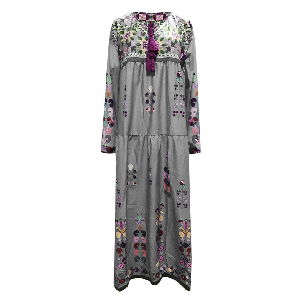 Women Plus Size V Neck Print  Long Sleeve Boho Dress Party Maxi Dress