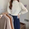 Women Autumn Mock Neck Knitted Sweater Lantern Long Sleeve Solid Elegant Pullovers Korean Loose Casual Tops Office Lady Jumpers