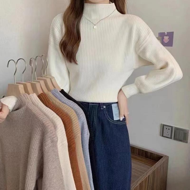 Women Autumn Mock Neck Knitted Sweater Lantern Long Sleeve Solid Elegant Pullovers Korean Loose Casual Tops Office Lady Jumpers
