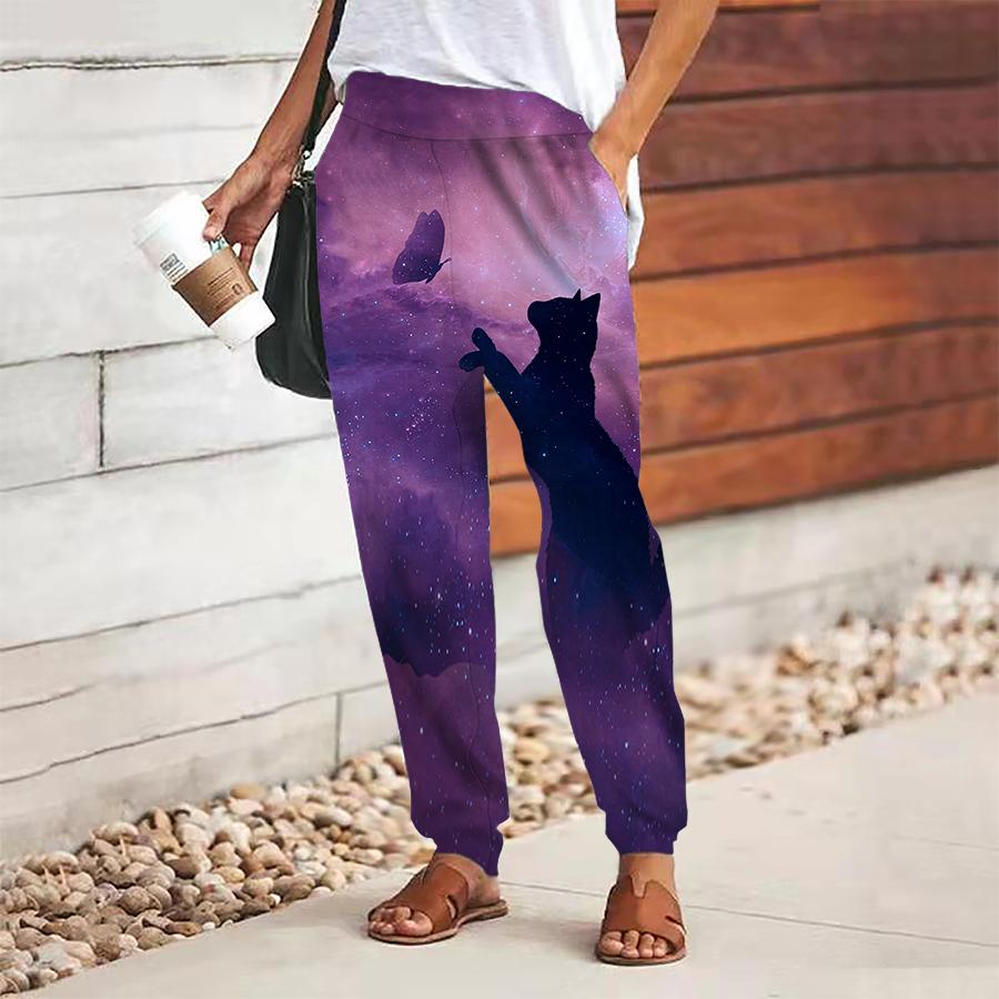 Женские брюки с принтом кошки, на шнуровке, с эластичной талией, свободные, повседневные длинные брюки, брюки с карманами