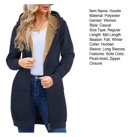 Женская зимняя толстовка с капюшоном, утолщенная, с плюшевой подкладкой, с длинными рукавами, верхняя одежда средней длины, однотонная, со шнурком-молнией