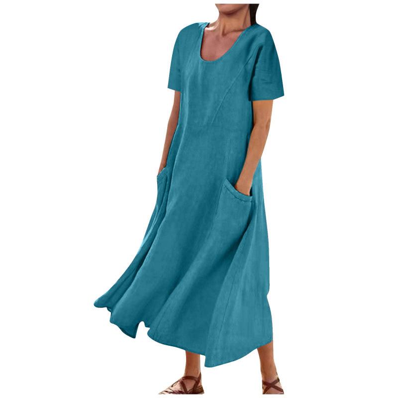 Женское однотонное платье с круглым вырезом, короткими рукавами и свободным подолом