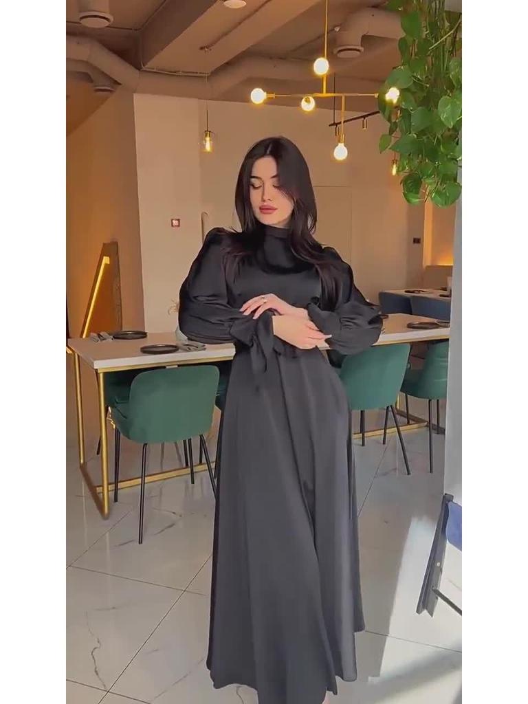 2025 Весна Атласное Элегантное Женское Платье с Длинными Рукавами и Талией