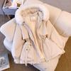 Women Autumn Winter Fur Collar Long Sleeve Solid Color Drawstring Parka Hooded Chic Warm Coat