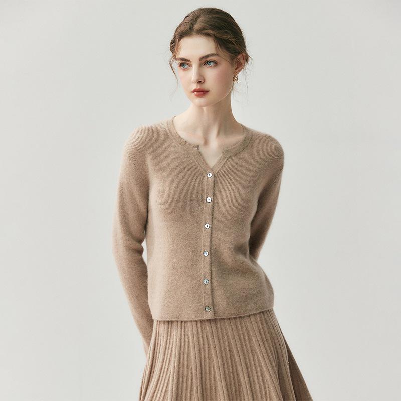 Women's Solid Color Cashmere Cardigan - Round V-Neck, Single-Breasted Wool Sweater for Autumn/Winter.