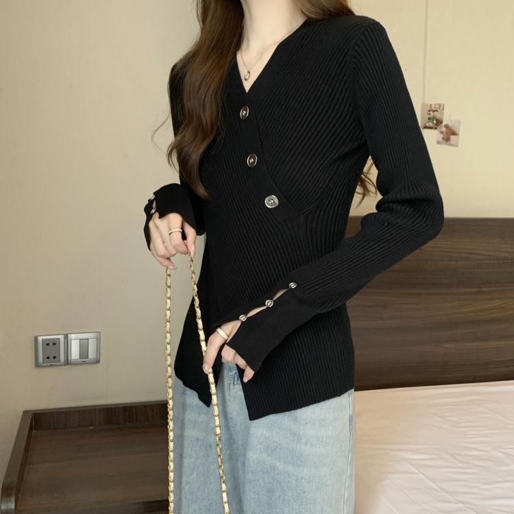 Корейский Kpop однотонные свитера с v-образным вырезом, осенние топы с тонкой талией и разрезом, женские вязаные пуловеры с длинными рукавами