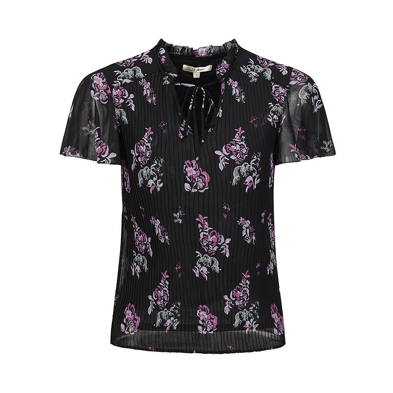 JUZUI Elegant Lace up Printed Chiffon H-shaped Single Top for Women