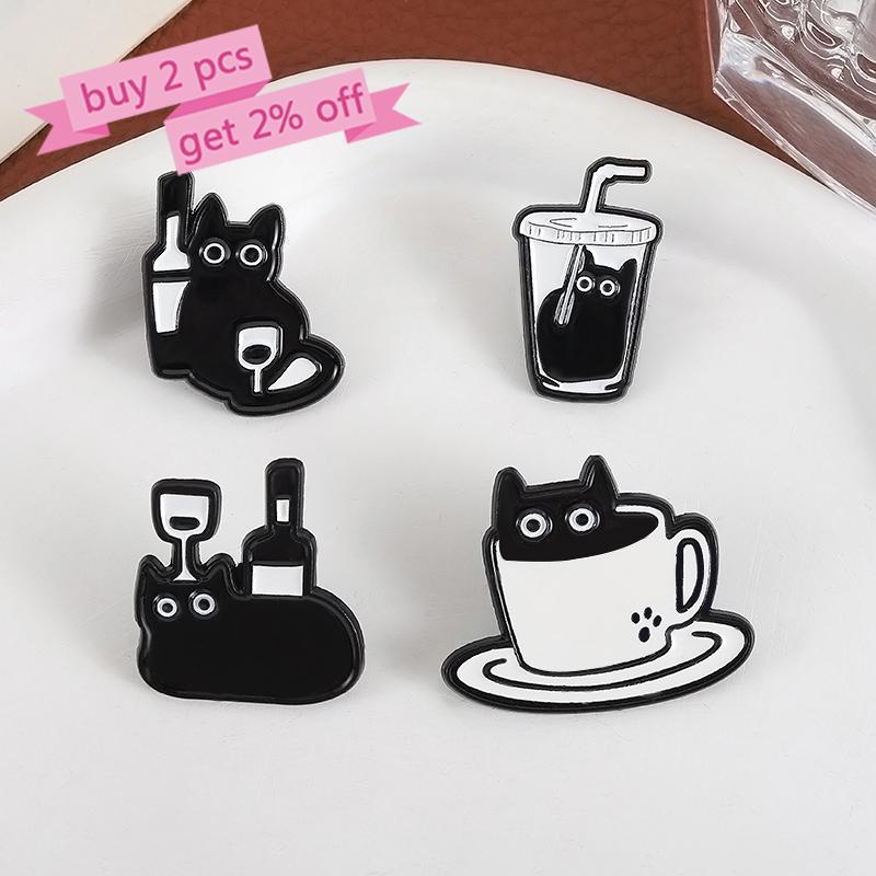 Эмалевые значки «Кофе с черным котом» на заказ «Кот», «Красное вино», «Молочный чай», броши, значки на лацкан, одежда, животные украшения, подарок для детей, друзей