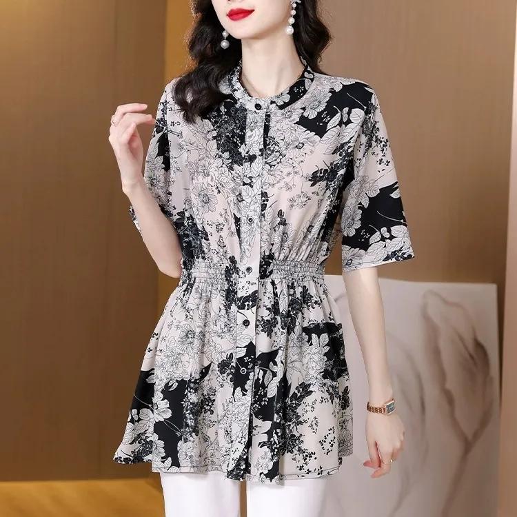 Женская летняя рубашка средней длины с коротким рукавом для мамочек, свободные повседневные топы с принтом