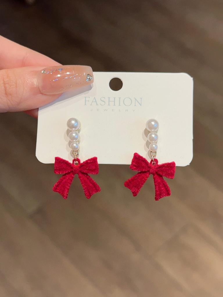 Простые красные и черные банты из жемчуга, плюшевые, легкие, роскошные, темпераментные, высококачественные серьги-гвоздики