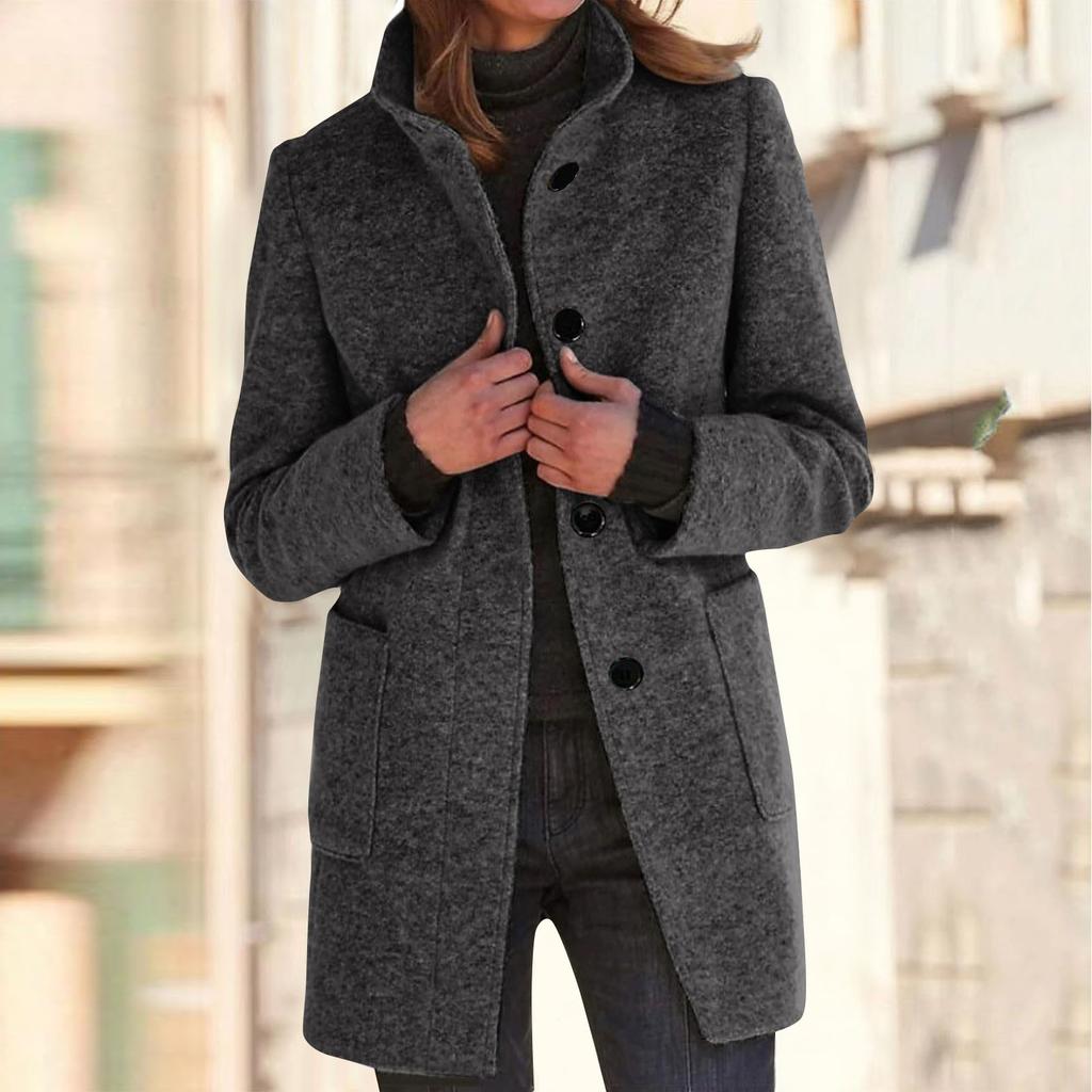 Women's Casual Coat Solid Color Long Sleeved Button Up Collar Pocket Woolen Jacket