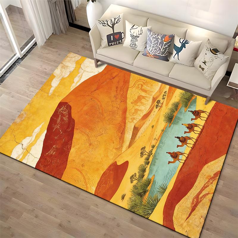 Desert Landscape Carpet with Camels, Vibrant Colors, Unique Design Suitable for use as an anti-slip for living room bedroom sofas