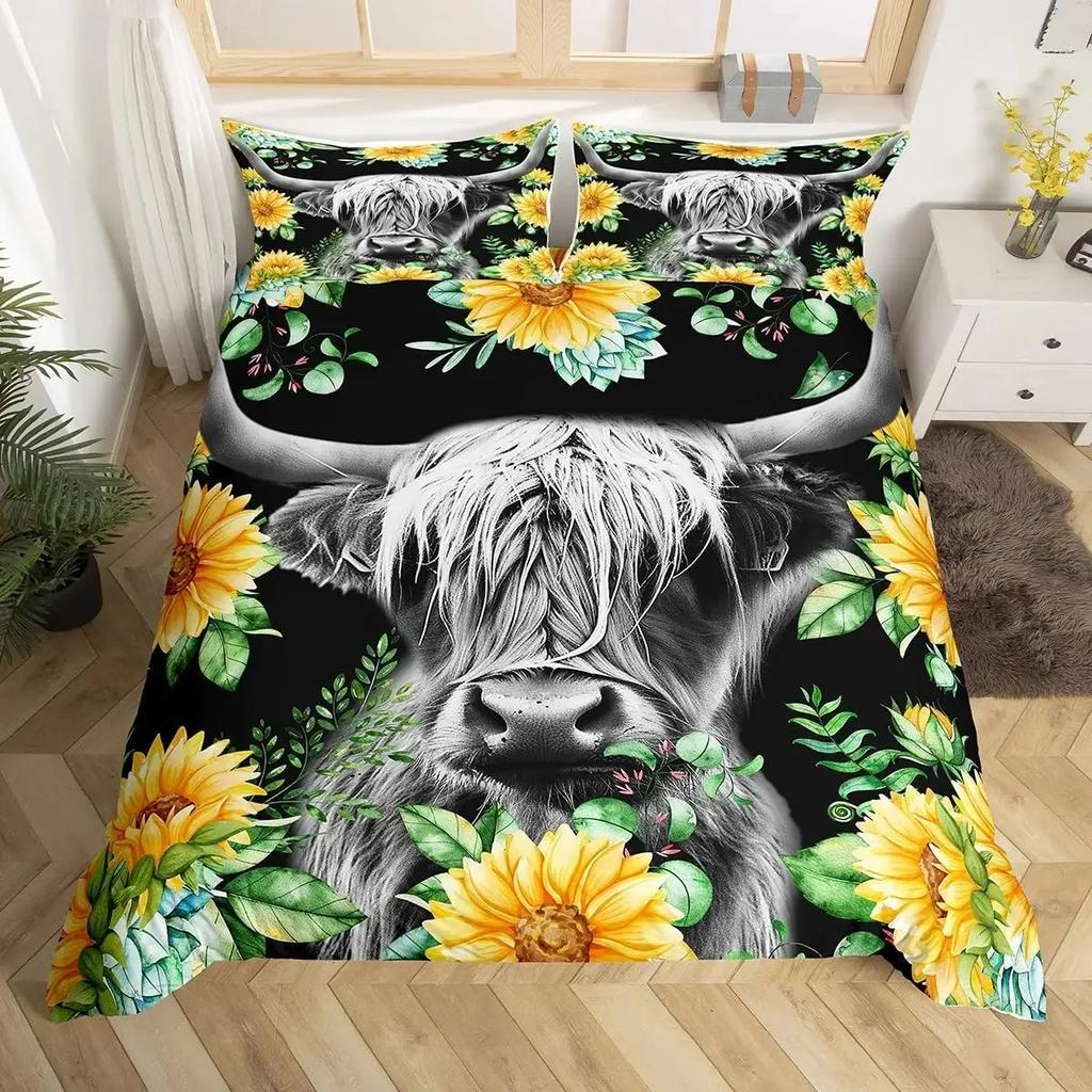 Highland Cow Duvet Cover King Sunflower Farm Animal Bedding Set Cute Highland Cattle Floral Quilt Cover Rustic Farmhosue Decor