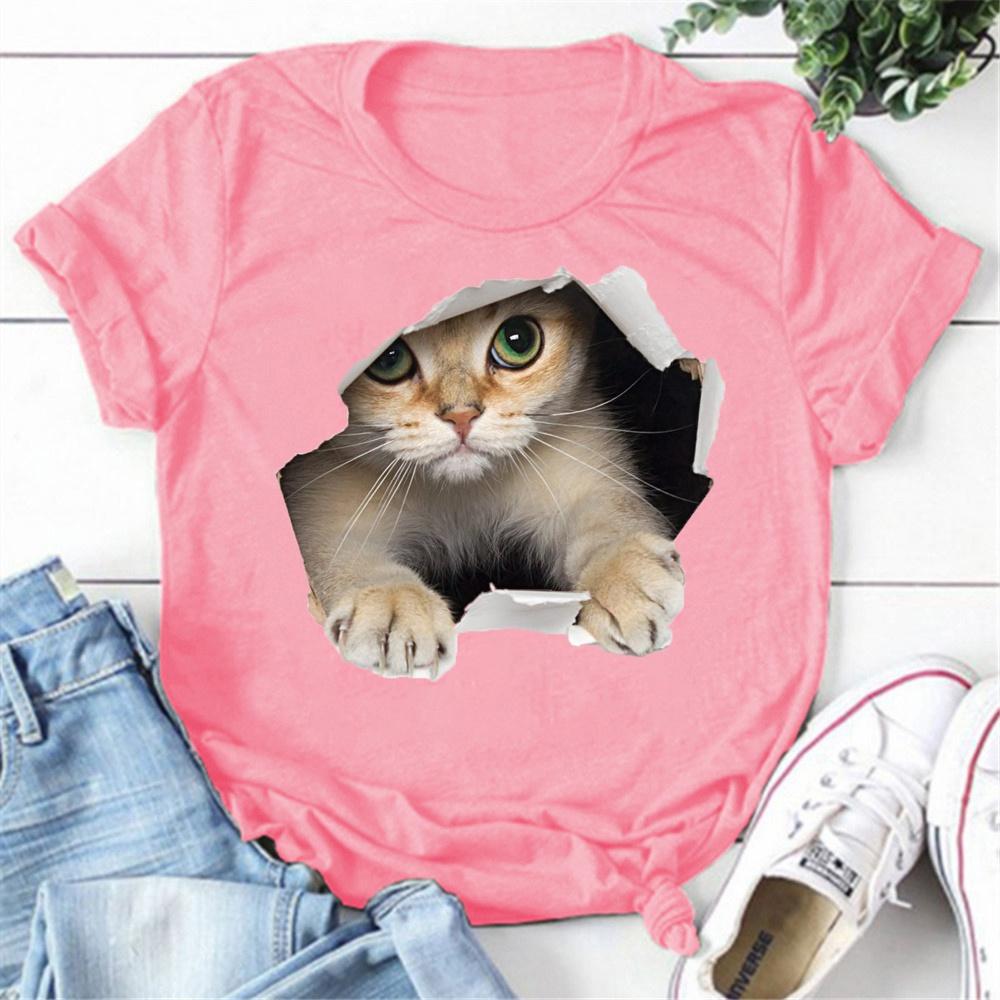 Cute Cat Print T-shirts For Women Summer Lovely Short Sleeve Casual Round Neck T-shirts Ladies Creative Personalized Tops