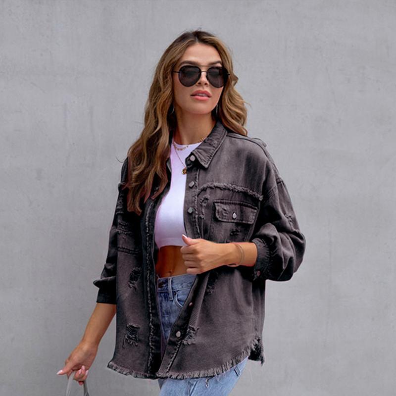 Женская джинсовая куртка средней длины с необработанными краями и отверстиями, осенне-зимняя, повседневная, с длинными рукавами и лацканами