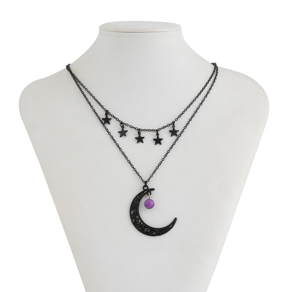 Moon Pendant Collarbone Chain Halloween Creative Star Alloy Necklace Multi-Layer Dark Style Party Daily Commuter for Women