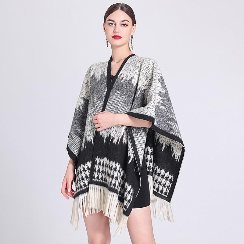 Осенне-зимняя шаль с бахромой, женская клетчатая накидка, кардиган большого размера, накидка, шарф, твидовый жакет
