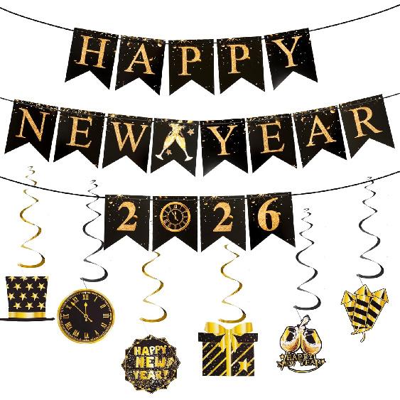 Yookat Black Gold Happy New Year Banner and New Years Hanging Swirls 2026 Happy New Years Eve Party Decorations Supplies