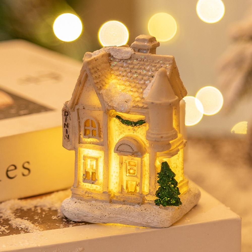 White LED Light Snow House Resin Xmas House Ornament  New Year Decoration