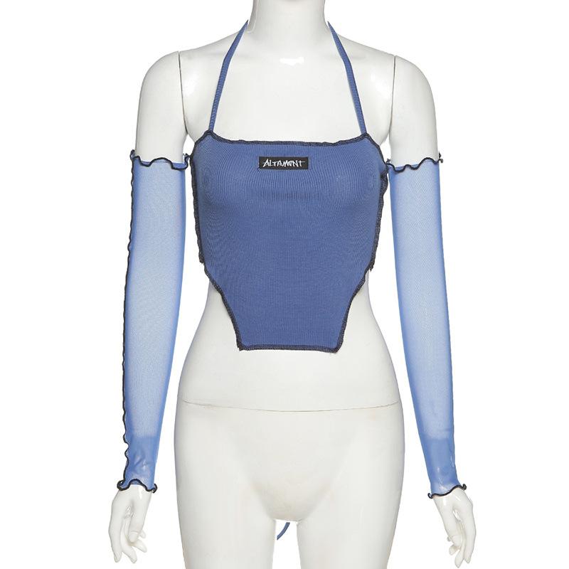 Рубашка в перчатках с длинным рукавом Синие женские футболки Y2k Сексуальные узкие укороченные топы с открытыми плечами на бретельках Летний модный топ Egirl Весна и лето