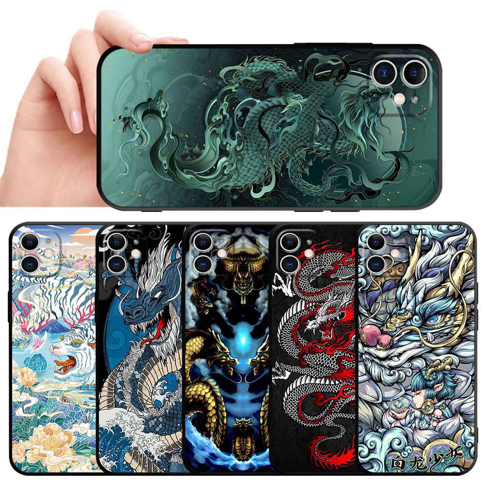 Black Soft Phone Case For Iphone 12 Mini 13 Pro 8 Plus 7 6s Se 11 14 Pro Max Xr Xs X Cover Fashion Chinese Tiger Dragon Shell