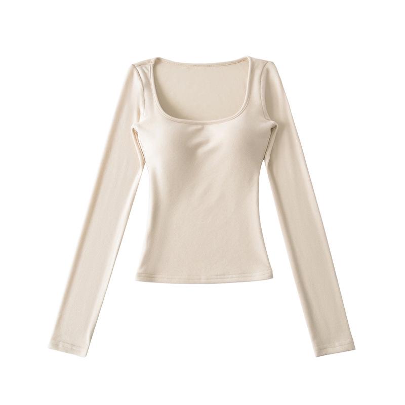 Korean Square Neck Slimming Long Sleeve T-Shirt with Chest Pads and Waist-Cinching Design for Women - Spring/Autumn