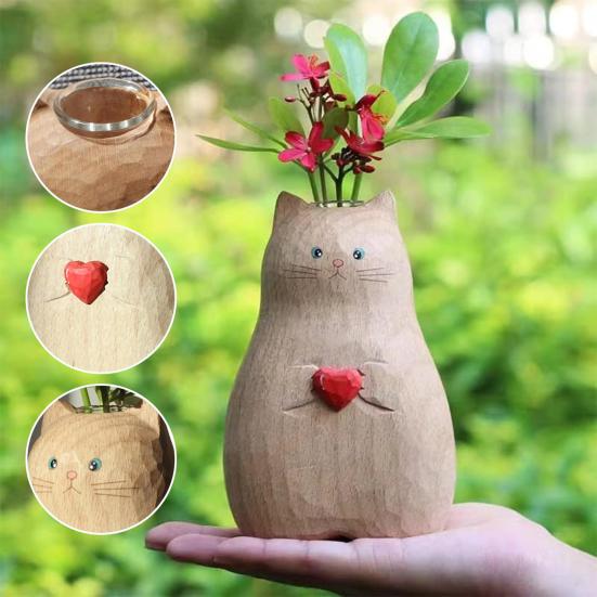 Деревянная ваза для кошек ручной работы, стол из смолы, центральная часть, милая статуя кота, эстетичная ваза для цветов, домашний декор, подарок для любителей кошек