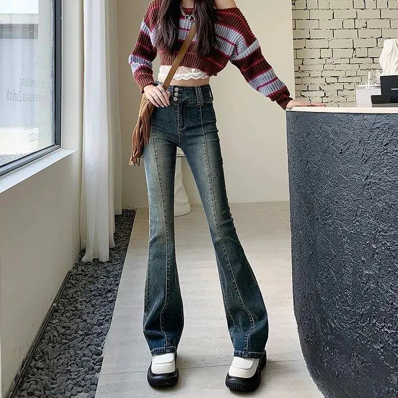 Hotsweet Винтажные Узкие Джинсы Bootcut Весна Осень Высокая Талия На Пуговицах Женская Одежда Стильные Брюки из Вареного Денима Streetwear