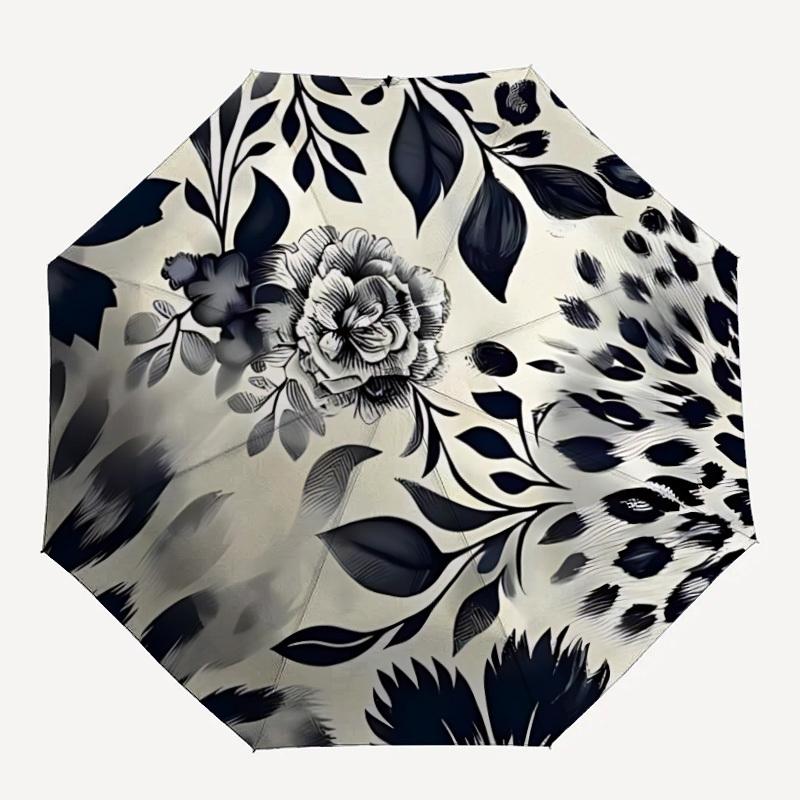 1pc Leopard Floral Automatic Folding Umbrella with 8-Rib Windproof Design, Portable Foldable Sunshade Umbrella For Halloween 009