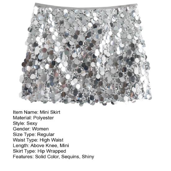 Women Mini Skirt High Waist Sparkling Sequin A-Line Short Skirt Hip Wrapped