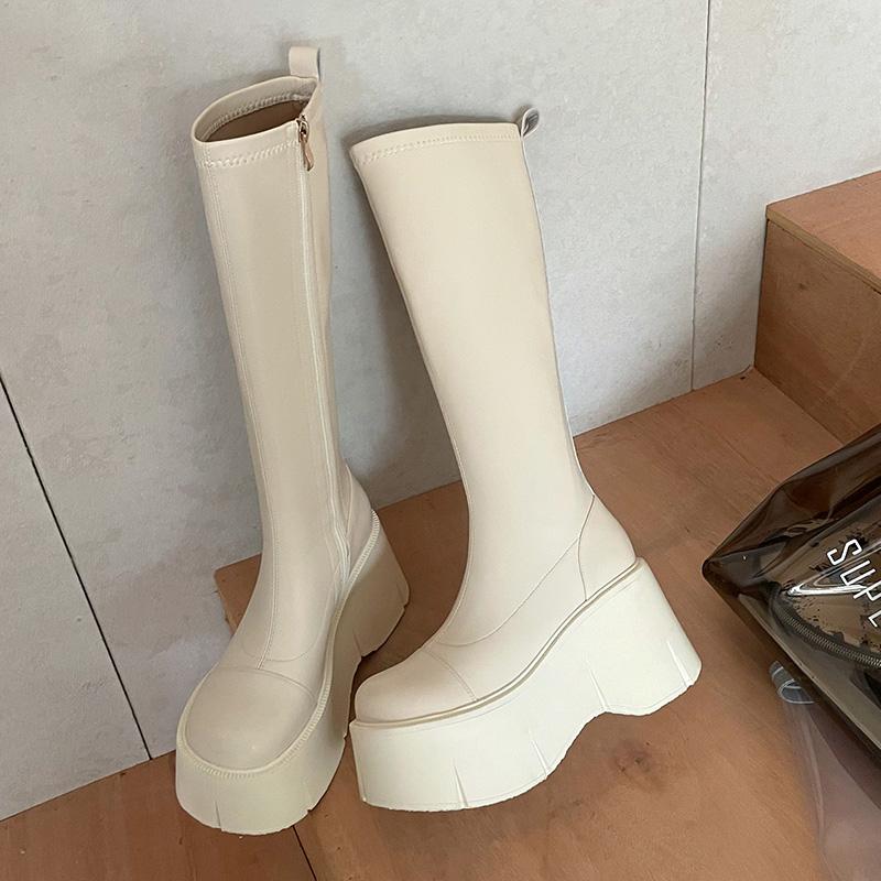 Designer Women Platform Knee High Boots Elegant Wedges Heel Shoes Concise Long Botas De Mujer