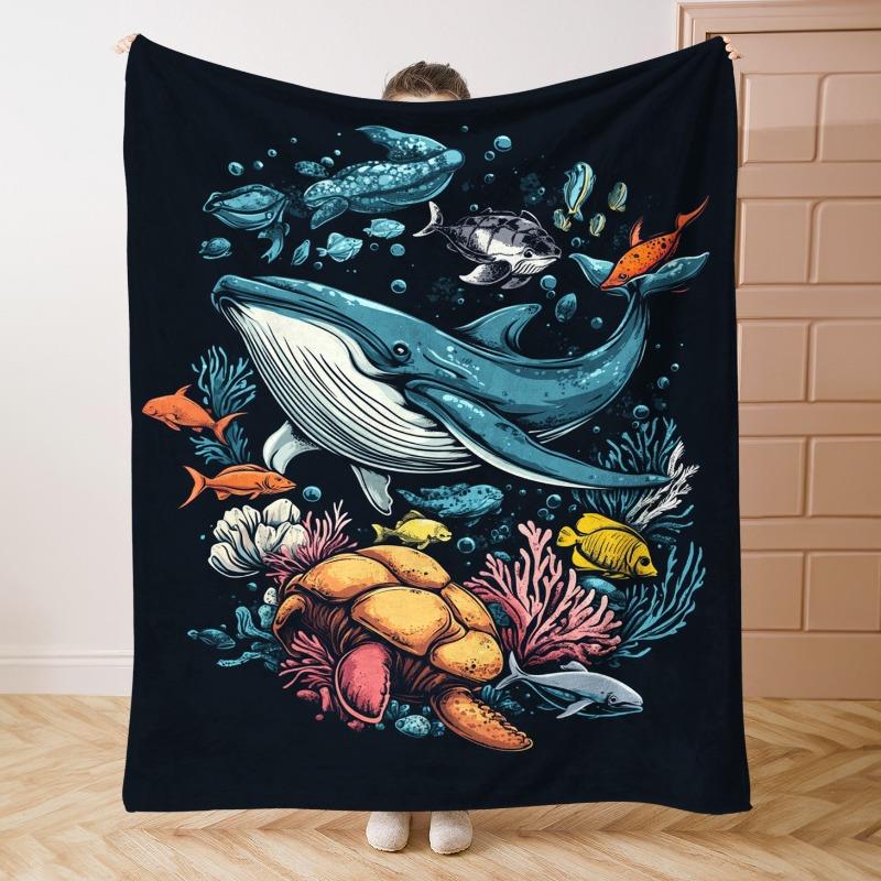 1pc Cozy Underwater World Flannel Throw Blanket Soft & Warm All-Season Bedspread with Whale Shark, Turtles, Coral Reefs