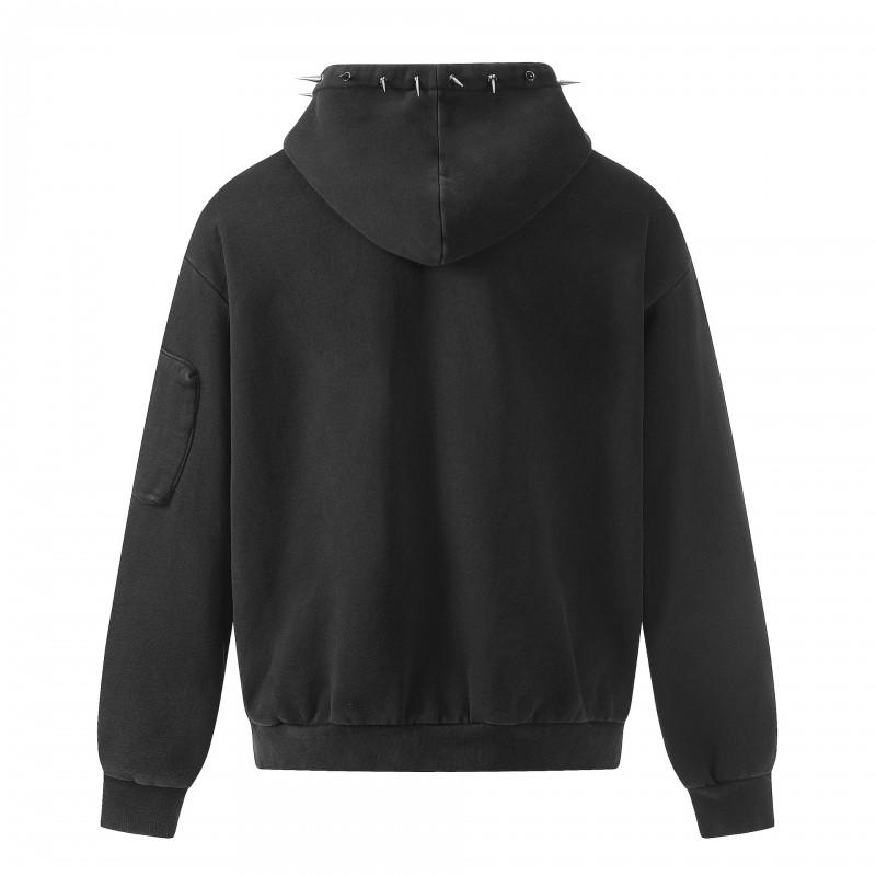 Mens Punk Style Washed Cotton Hooded Zip-Up Sweater With Rivet Detail Cross Embroidery
